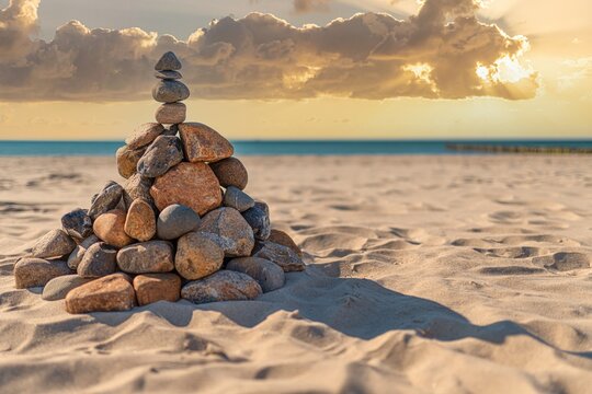 Pyramide aus Steinen am Strand vor dem Hintergrund von Meereswellen und Sandstand auf dem Dar&szlig; bei Prerow an der Ostsee
