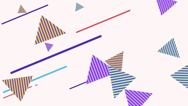 Memphis geometric colorful striped triangles and lines, motion abstract business and corporate style background