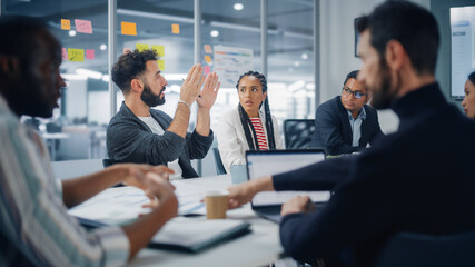 Multi-Ethnic Office Conference Room Meeting: Diverse Team of Creative Entrepreneurs, Specialists,...