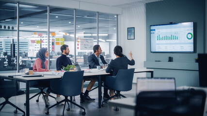 Multi-Ethnic Office Conference Room Meeting: Diverse Team of Successful Managers, Executives Talk, Use Green Screen Chroma Key TV. Businesspeople Investing in Growing e-Commerce Startup.