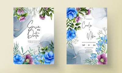Watercolor floral and leaves wedding invitation card template