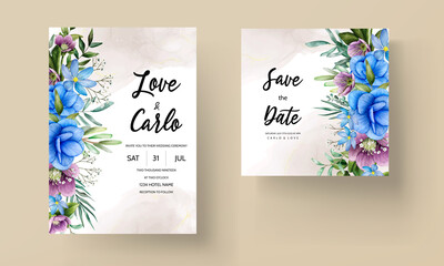 Watercolor floral and leaves wedding invitation card template