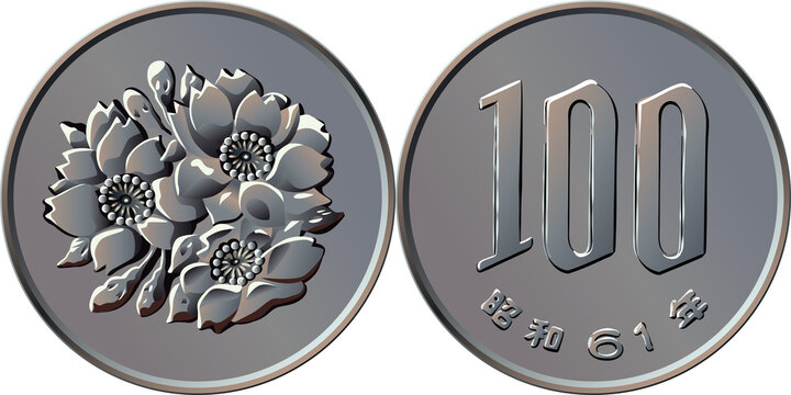 Vector japanese money, silver coin one hundred yen, reverse with 100 in Arabic numerals, obverse with cherry blossoms
