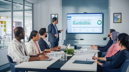 Multi-Ethnic Office Conference Room. Brilliant Indian Male CEO does Presentation for Multi-Ethnic...