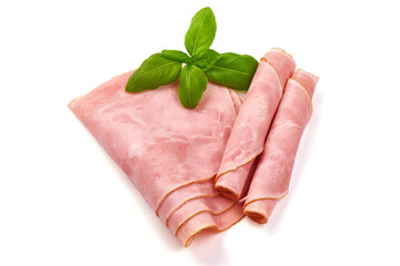 Cooked ham slices, isolated on white background.