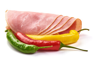 Boiled ham slices, isolated on white background.