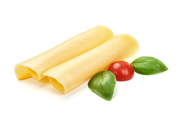 Gouda cheese slices, isolated on white background.