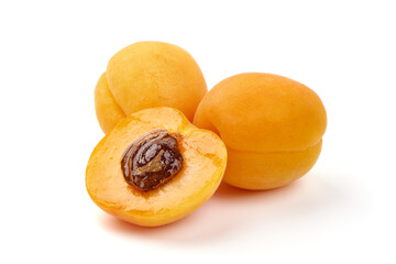 Sweet juicy yellow apricots, isolated on white background.