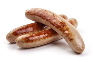 Roasted german sausages, isolated on white background.