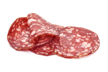 Salami smoked sausage, Traditional dry-cured Milano salami, isolated on white background.