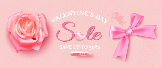 Fototapeta na wymiar A Valentine's Day sale poster with a rose and a bow