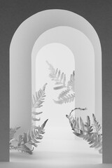 White, dark gray stage mockup with soft light arches, leaves for presentation cosmetic product, design, advertising in simple geometric minimalist style or abstract floral garden with gate, vertical.