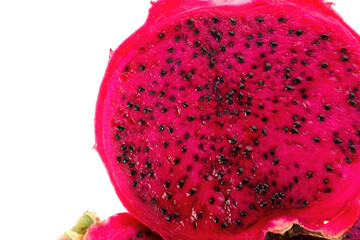 Delicious cut red pitahaya fruit on white background, closeup