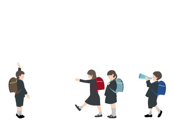 Fototapeta na wymiar イラスト素材：ランドセルを背負って仲良く歩いている子供達（登校の応援をイメージ）