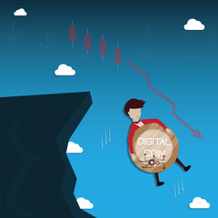 Flat design of cryptocurrency,Young man holding a digital coin fall into the ravine - vector