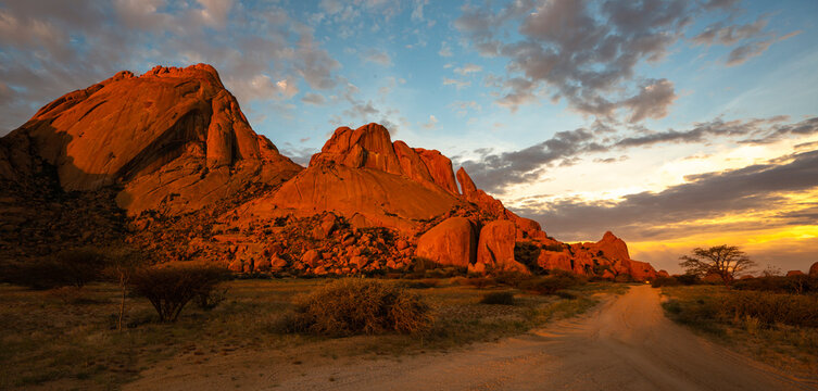 Spitzkoppe granite rocks glow red at sunset