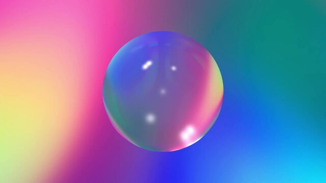 Abstract glass sphere suspended within a flowing spectrum vaporwave gradient, trendy colorful seamless 4K video loop in pastel neon colour