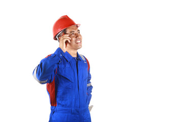 happy asian technician talking on the phone