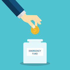 Emergency Fund. Saving dollar coin in money jar. Growth, income, savings, investment. Symbol of wealth. Business success. Flat style vector illustration.	
