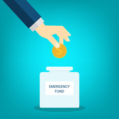 Emergency Fund. Saving dollar coin in money jar. Growth, income, savings, investment. Symbol of wealth. Business success. Flat style vector illustration.	
