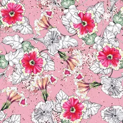 Möbelaufkleber Watercolor seamless pattern with flowers petunia on pink background. © Olga Kleshchenko