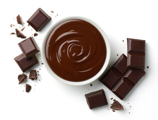 Bowl of melted dark chocolate and pieces of chocolate bar - 478806708