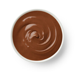Bowl of melted milk chocolate isolated on white background