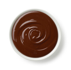 Bowl of melted dark chocolate isolated on white background