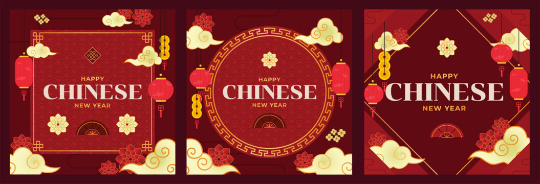 Happy Chinese New Year greeting card, social media post and printables. Including cny elements like lantern, cloud, hand fan and flower