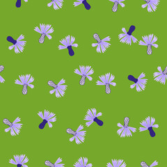 Cornflowers pattern seamless in freehand style. Spring flowers on colorful background. Vector illustration for textile.