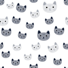 Kitty pattern seamless in freehand style. Head animals on colorful background. Vector illustration for textile.