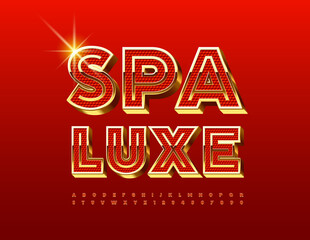 Vector chic logo Spa Luxe Premium Red and Gold Font. Decorative 3D Alphabet Letters and Numbers set