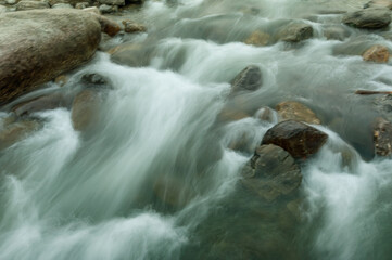 Beautiful Reshi River water flowing through stones and rocks at dawn, Sikkim, India. Reshi is one of the most famous rivers of Sikkim flowing through the state and serving water to many local people.
