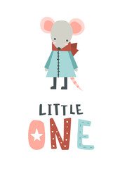 Little cute mouse print with text "Little one". Doodle scandinavian poster with lettering for nursery.