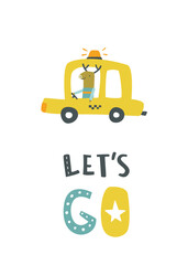 Cartoon taxi car with elk driver print for nursery poster with lettering.