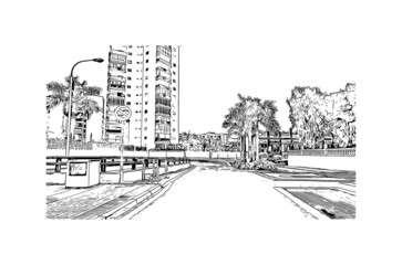 Building view with landmark of Los Cristianos is the 
town in Spain. Hand drawn sketch illustration in vector.