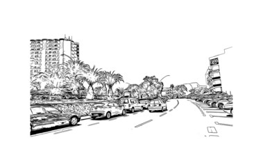 Building view with landmark of Los Cristianos is the 
town in Spain. Hand drawn sketch illustration in vector.