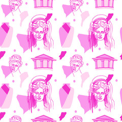 Seamless Vector pattern with ancient Greek gods for valentine's day.In love,festive,pink,repeating hand painted print. Designs for textile, fabric, wrapping paper, packaging, scrapbook paper