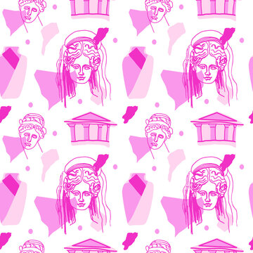 Seamless Vector pattern with ancient Greek gods for valentine's day.In love,festive,pink,repeating hand painted print. Designs for textile, fabric, wrapping paper, packaging, scrapbook paper