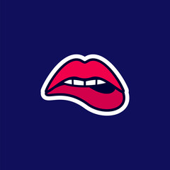 Obraz premium Womans sensuous lips, beautiful open mouth biting lip with lipstick, sticker in the cartoon style