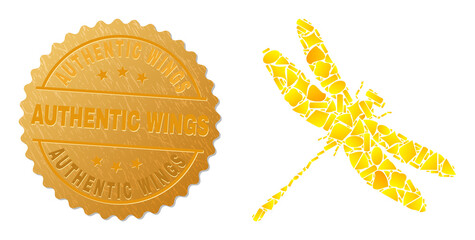 Golden mosaic of yellow particles for dragonfly icon, and golden metallic Authentic Wings stamp. Dragonfly icon composition is designed of random golden particles.