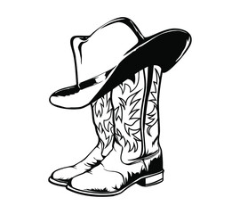 Cowboy boots and western hat. Isolated on white for print or design. Vector illustration.
