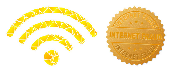 Golden collage of yellow elements for Wi-Fi dot icon, and gold metallic Internet Fraud seal print. Wi-Fi dot icon collage is created with randomized golden elements.