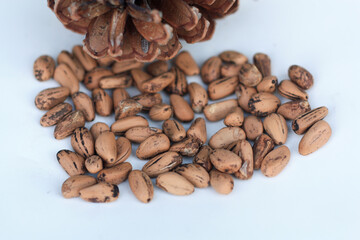 Heap of pine nuts and pine cone isolated on white background.
