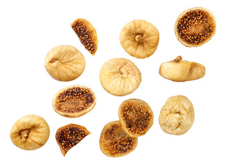 Dried figs whole and pieces are falling on a white background, cut. Isolated