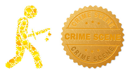Golden mosaic of yellow spots for bloody knife killer icon, and golden metallic Crime Scene stamp. Bloody knife killer icon mosaic is organized of random golden. - 478812197
