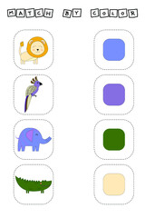 worksheet vector design, challenge to connect the lion, parrot, elephant, crocodile with its color. Logic game for children.