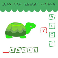 Find the first letter of the word TURTLE and connect. Educational game for children.
