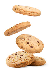 Cookies with chocolate falls on a heap on a white background. Isolated