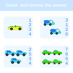 counting game with colorful cars. Preschool worksheet, kids activity sheet, printable worksheet